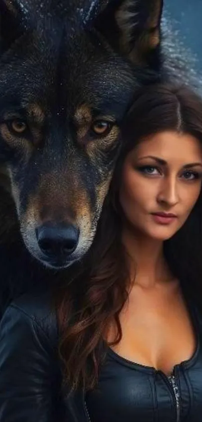 Dark-themed art featuring a woman and a wolf, showcasing nature's unity.