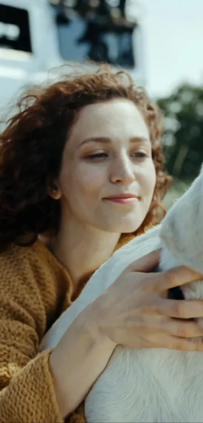 Woman gently holding a goat outdoors, capturing a peaceful moment.