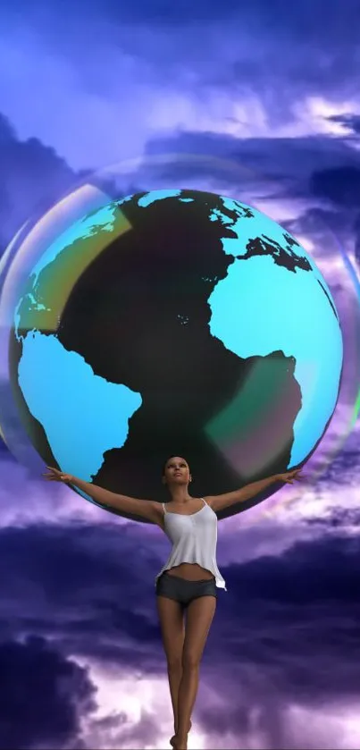 Woman holding Earth against a vibrant blue sky.