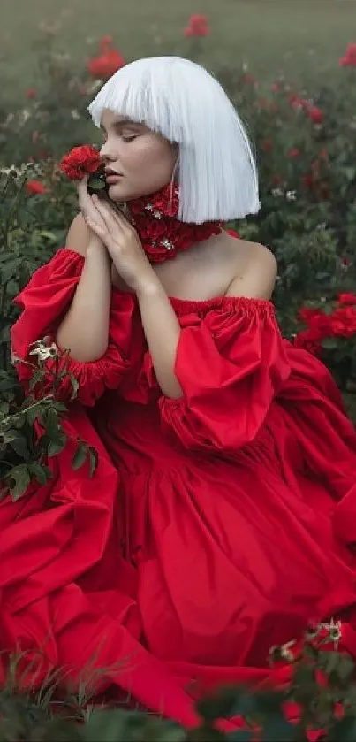 Woman in a red dress sitting among roses.