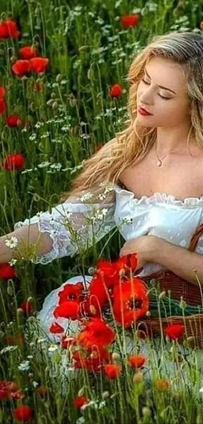 Woman in a field of red poppies, holding a basket.