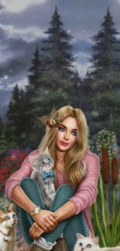 Woman seated in a forest surrounded by cats.