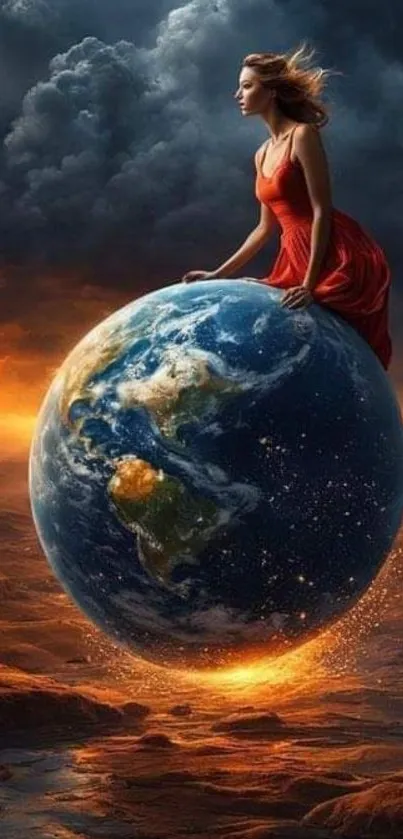 Woman in red dress sitting atop glowing Earth with dramatic sky.