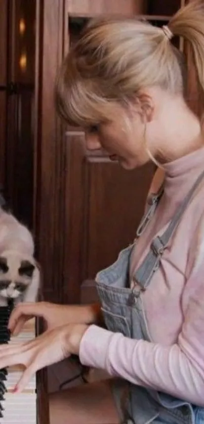 Woman in overalls plays piano with a cat nearby.