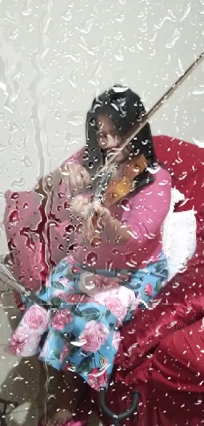 Woman playing violin on a red sofa in a cozy room.