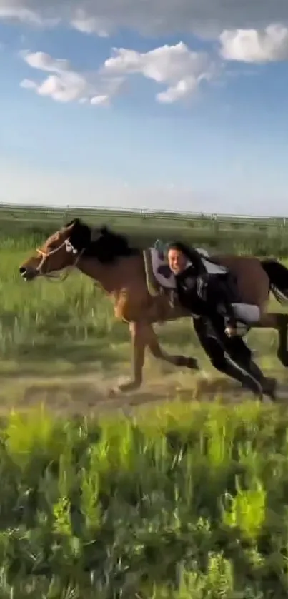 Woman galloping on a horse in a meadow.