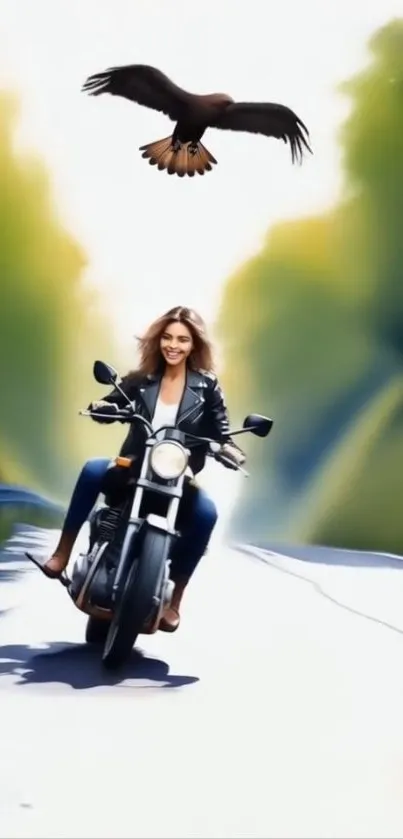 Woman riding motorcycle beneath a soaring eagle.