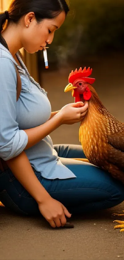 Woman in casual attire with chicken in sunlight.