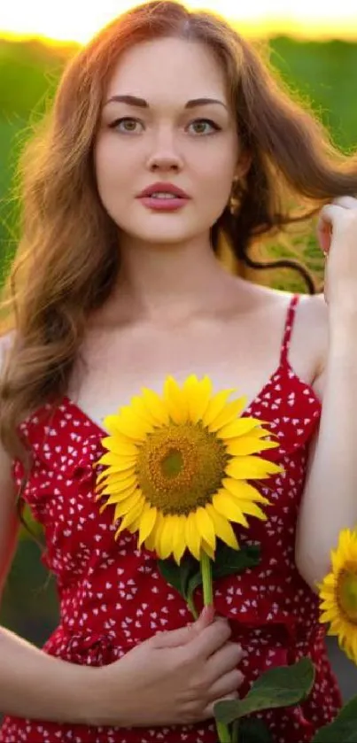 Woman in red dress with sunflowers in field.