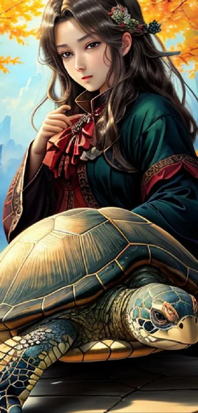 Fantasy art of a woman with a turtle amid autumn leaves.