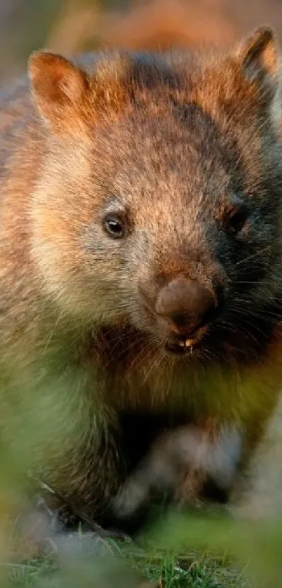 Wombat in forest setting with soft focus background.