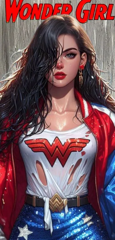 Illustration of Wonder Girl in a red and blue outfit with dynamic style.