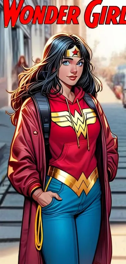 Wonder Girl in red hoodie walking down a city street with stylish attire.