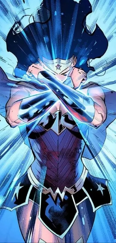 Dynamic superhero with blue energy burst in comic style.