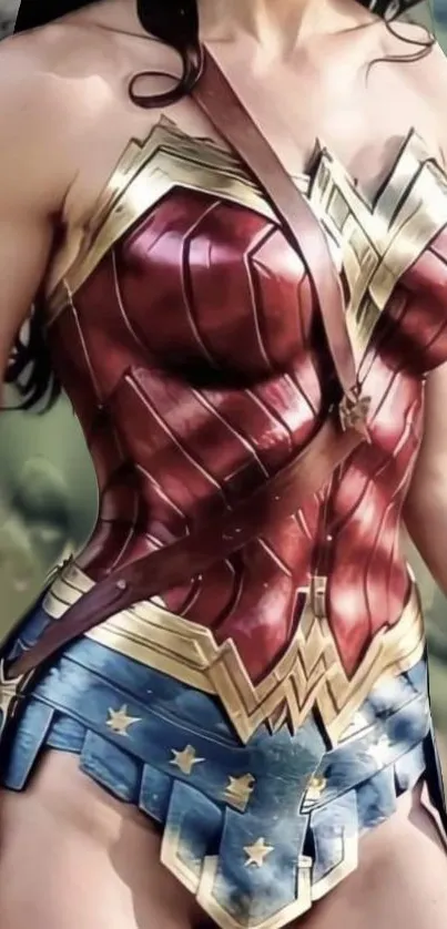 Superhero mobile wallpaper with red armor and blue skirt.