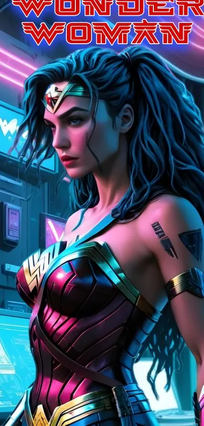 Wonder hero in neon-themed wallpaper with vibrant cyan and pink elements.