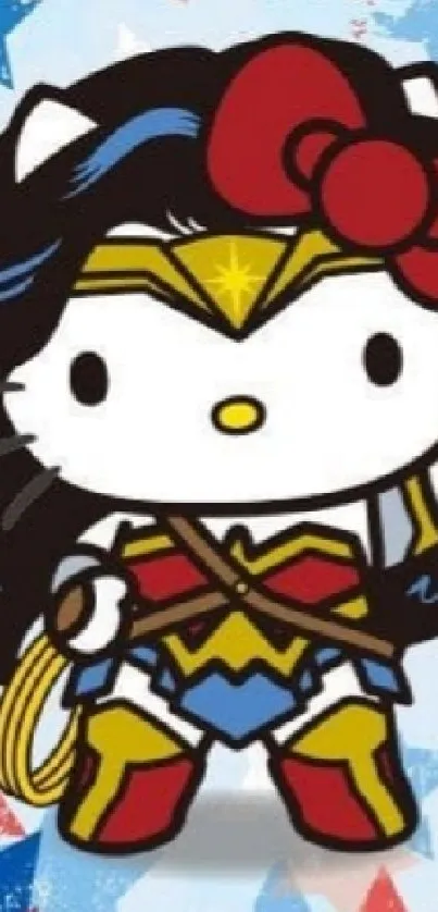 Cartoon cat in superhero costume with starry background.