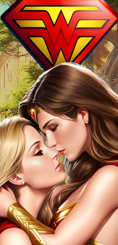 Illustration of two powerful female superheroes in a vibrant embrace.