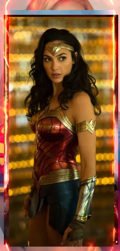 Wonder Woman in striking superhero costume with vibrant background.