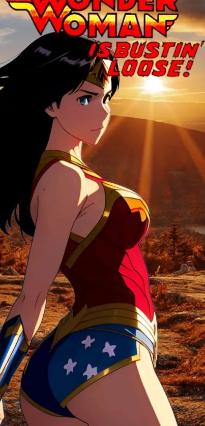 Wonder Woman at sunset in heroic pose, mobile wallpaper.