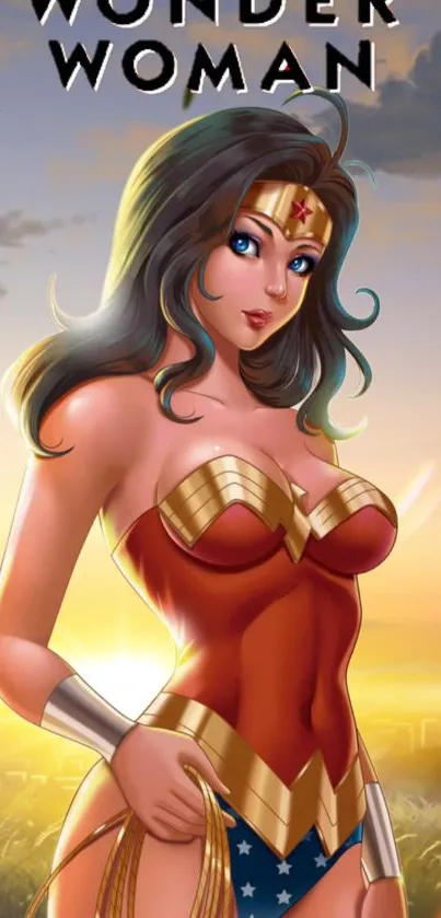 Wonder Woman in vibrant animated style with a sunset background.