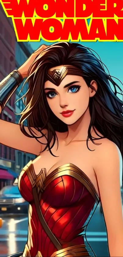 Wonder Woman in vibrant city art wallpaper.