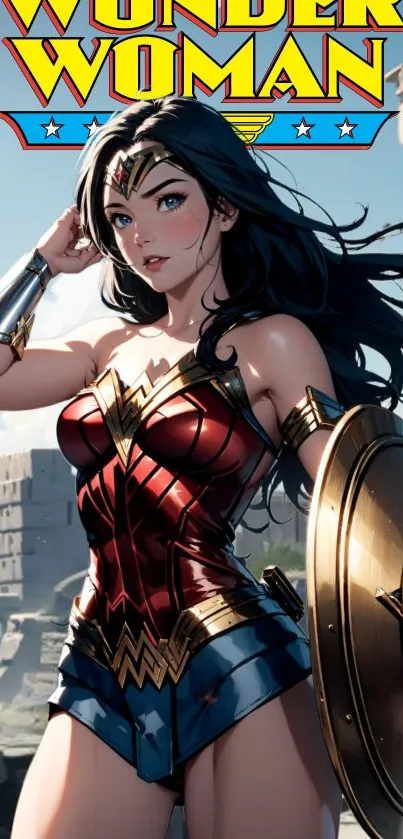 Anime Wonder Woman art with shield in dynamic pose.