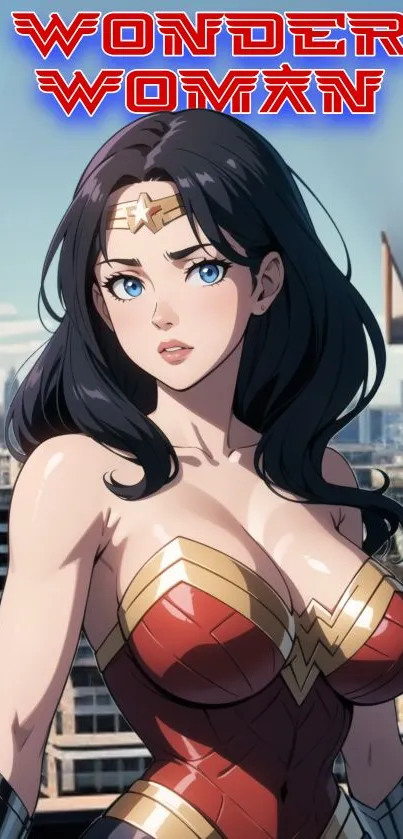 Wonder Woman in anime style with red and gold armor on city background.