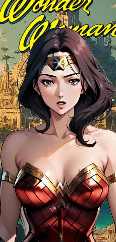 Anime Wonder Woman with a scenic background in vibrant colors.