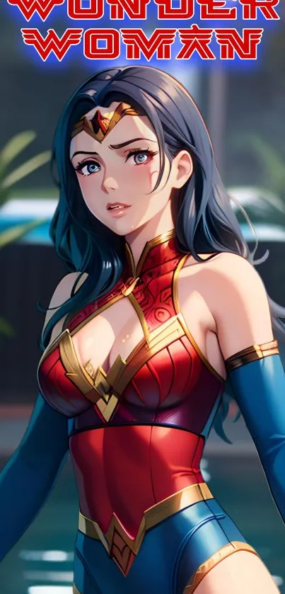 Anime Wonder Woman with vibrant blue and red costume in a dynamic pose.