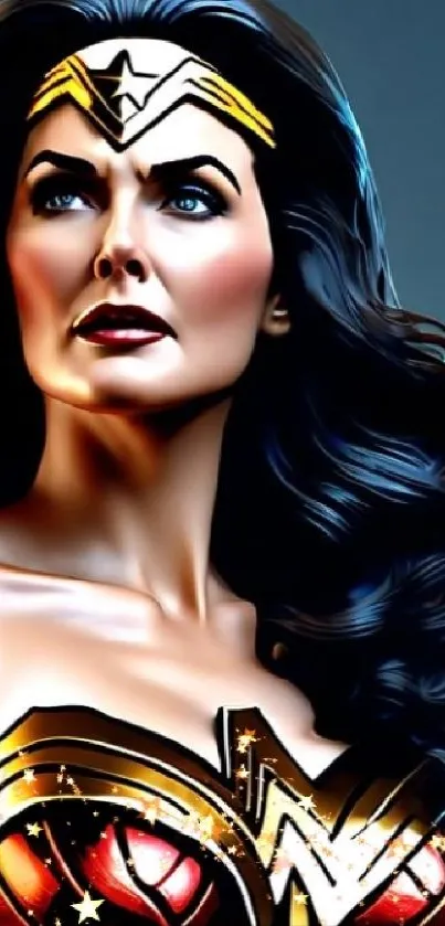Wonder Woman art wallpaper with dark blue hues and detailed design.