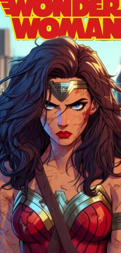 Wonder Woman illustrated in a dynamic superhero pose on a mobile wallpaper.