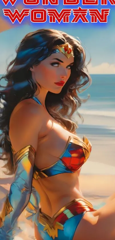 Wonder Woman in vibrant beach art with blue sky background.