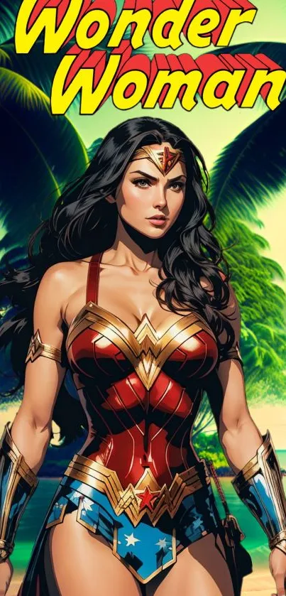 Wonder Woman art with tropical background.