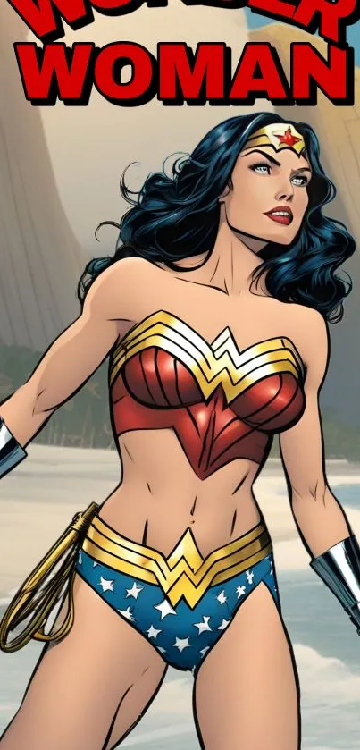 Wonder Woman stands on a beach, vibrant superhero art.