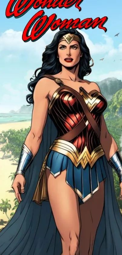 Wonder Woman stands on a tropical beach, wearing her iconic outfit and cape.