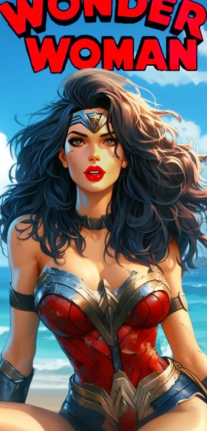 Wonder Woman art on beach with ocean view.