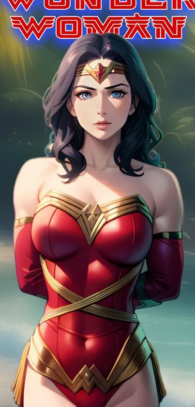 Wonder Woman in red armor standing on a beach in an artistic wallpaper.