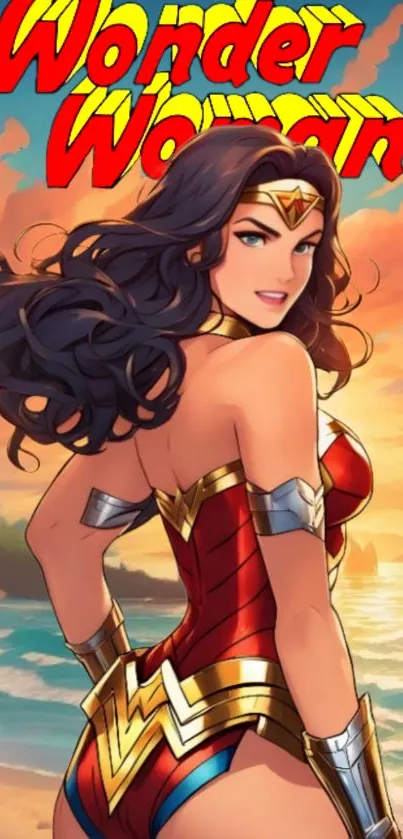 Wonder Woman art with beach backdrop.