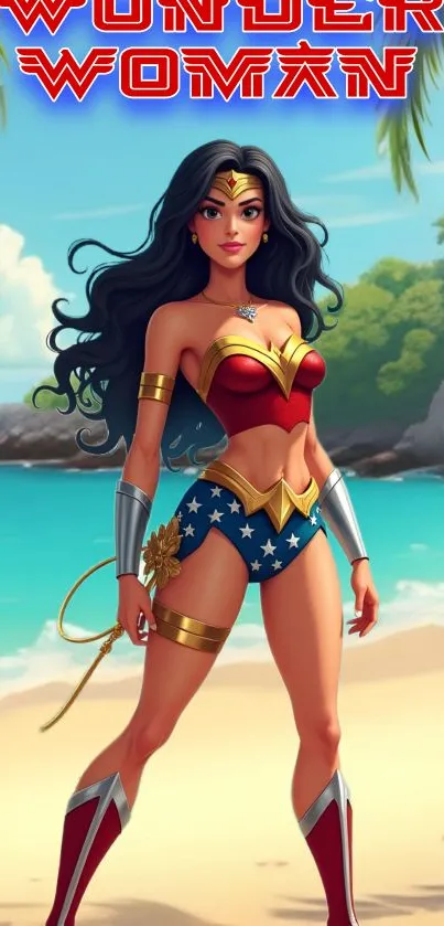 Animated Wonder Woman on a tropical beach in vibrant colors.