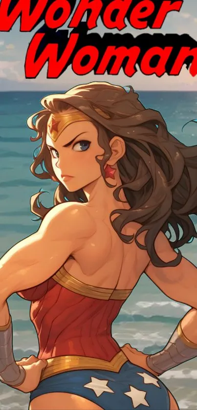 Wonder Woman standing confidently by the ocean with a vibrant sunset backdrop.