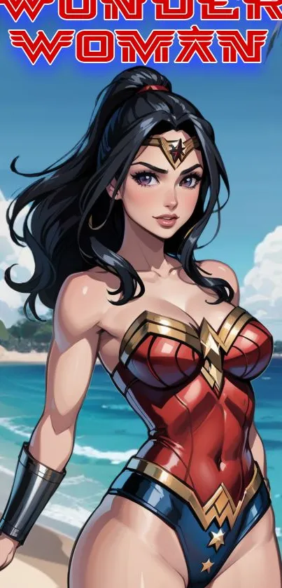 Wonder Woman stands on a vibrant beach.