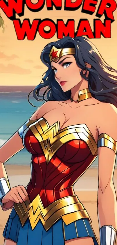 Wonder Woman posing at the beach with a vivid sunset.