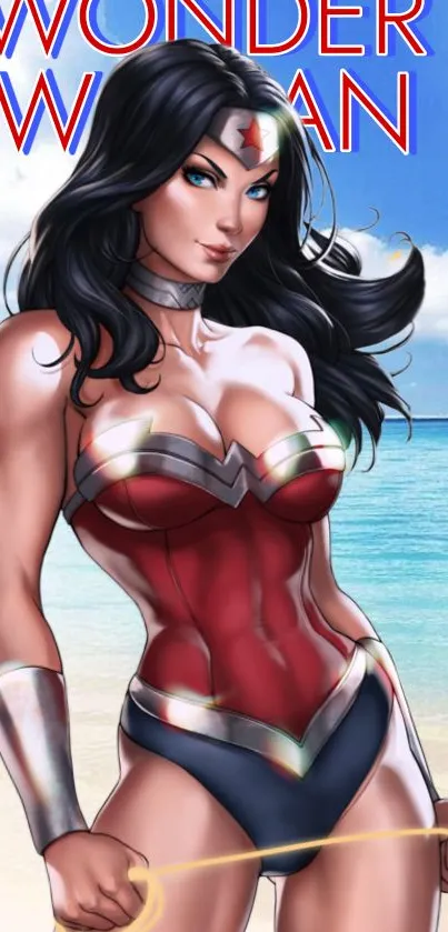 Wonder Woman standing on a beach background.