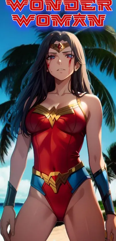 Wonder Woman standing on a sunny beach with palm trees.