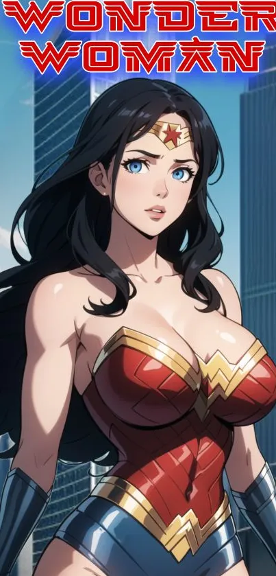 Wonder Woman in a cityscape setting wallpaper with bold colors.