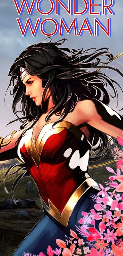 Wonder Woman in vibrant comic art with red and gold costume.