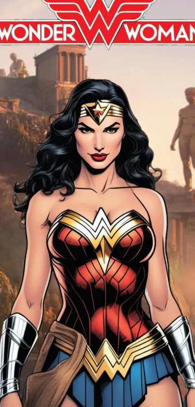 Wonder Woman in heroic pose comic art background.