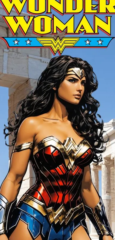 Wonder Woman stands before ancient architecture in vibrant comic style.