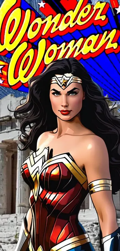 Wonder Woman in vibrant comic art with Greek temple background.